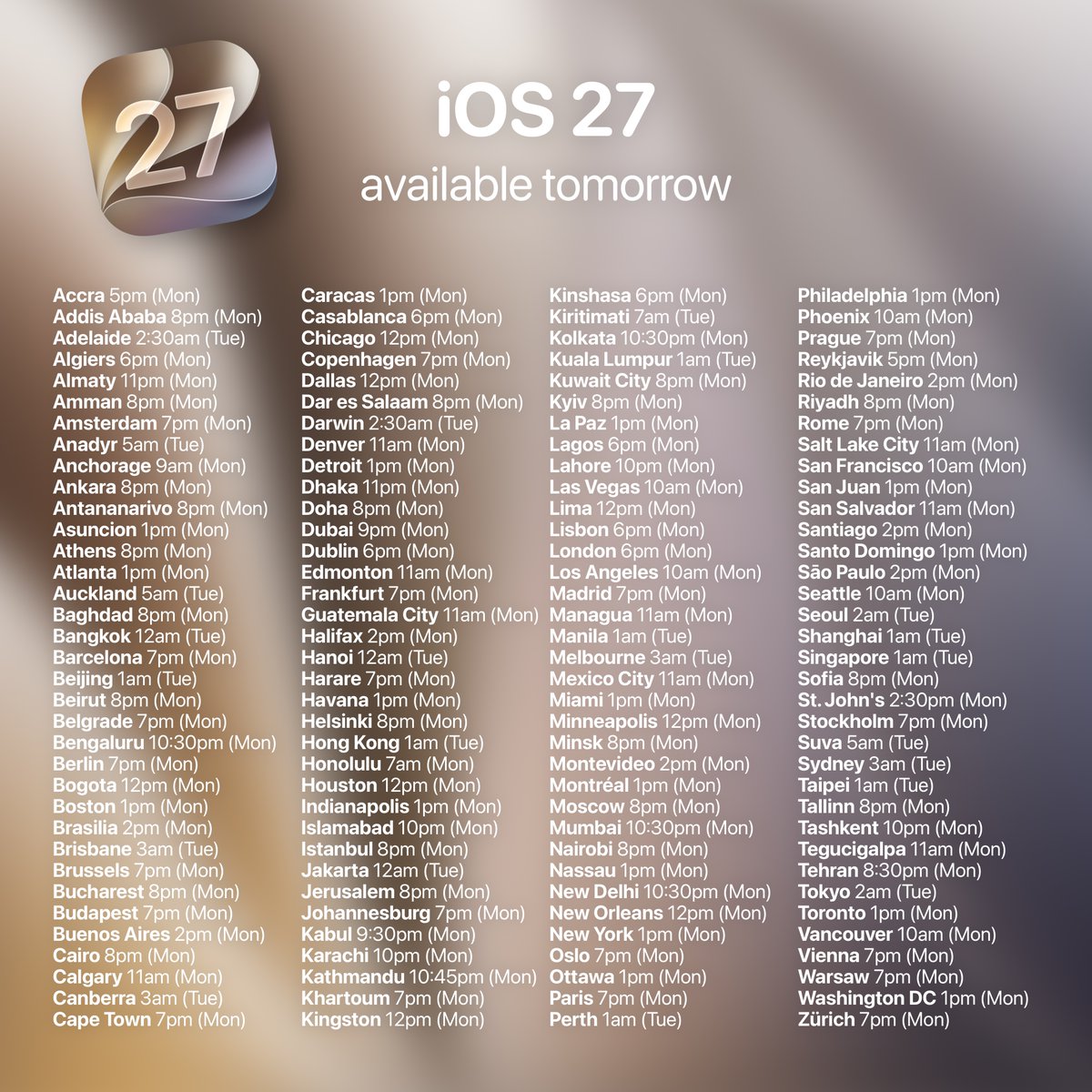 theapplehub's tweet photo. iOS 27 is expected to be available tomorrow (September 14) at 10 a.m. PT 🚨 https://t.co/aUENc8TXqC