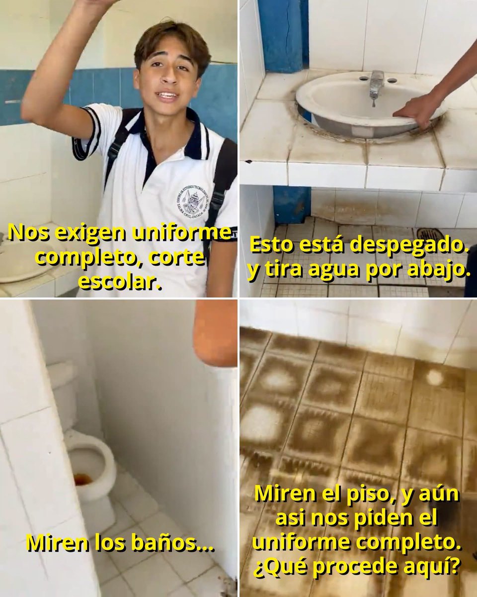 VigiaCiudadano7's tweet photo. 🚨 “NOS EXIGEN UNIFORME COMPLETO Y CORTE ESCOLAR”: ALUMNO EXHIBIÓ LAS CONDICIONES DE LOS BAÑOS Y, SEGÚN DENUNCIAN, TERMINÓ EXPULSADO

Un estudiante del CETMAR 05 de Salina Cruz, Oaxaca, decidió sacar su celular y mostrar las condiciones en las que se encuentran los sanitarios de su escuela.

Pero no solo enseñó los desperfectos. También lanzó una pregunta que ahora está causando indignación:

 “Nos exigen uniforme completo, corte escolar”, dijo mientras recorría los baños.

En el video muestra puertas y estructuras despegadas, daños en el piso y sanitarios fuera de servicio. En uno de los momentos señala que existen cuatro baños, pero uno permanece sellado:

 “Imagínense, son cuatro baños. Vamos a suponer que los tres están ocupados y yo quiero el cuarto. Está sellado.”
Después vuelve a cuestionar:

“Y piden uniforme completo… ¿qué podemos hacer?, ¿qué procede aquí?”

El reclamo del alumno era bastante claro: si la escuela exige uniforme, corte de cabello, disciplina y cumplimiento de reglas, los estudiantes también deberían poder exigir instalaciones dignas y baños funcionales.

Sin embargo, de acuerdo con padres de familia y reportes periodísticos, después de que el video comenzó a circular el estudiante habría sido expulsado del plantel por exhibir públicamente las condiciones de la escuela.

En lugar de que toda la discusión girara alrededor del deterioro de los sanitarios, ahora padres y alumnos cuestionan por qué aparentemente se castigó a quien mostró el problema en vez de atender primero el problema denunciado.

Además, familiares han señalado que al inicio del ciclo escolar cada alumno habría aportado alrededor de 600 pesos, además de otros cobros, por lo que también están pidiendo cuentas claras sobre el destino de esos recursos.

El CETMAR 05 tiene décadas funcionando y atiende a cientos de estudiantes, por lo que las condiciones de sus instalaciones no deberían verse como un asunto menor.

Padres de familia ya se están organizando para exigir la reincorporación del joven, una revisión de las condiciones del plantel y explicaciones de la dirección.

Porque una escuela tiene todo el derecho de exigir disciplina a sus alumnos, pero también debe existir congruencia.

No se puede exigir uniforme impecable, corte escolar y cumplimiento absoluto de las reglas mientras los estudiantes denuncian baños deteriorados y sanitarios que ni siquiera pueden utilizarse.

Y si la expulsión ocurrió realmente por mostrar esas condiciones, entonces ¿qué mensaje se les está dando a los jóvenes: que deben cuidar su escuela o que deben quedarse callados cuando algo está mal?
#SEP #Oaxaca #escuela #injusto