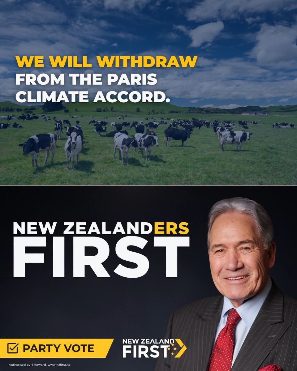 LeeSmithNZ's tweet photo. New Zealand First is saying we need to get out of the Paris Accord altogether. 

Why are we making a rod for our own backs, punishing our farmers and our taxpayers and our economy, when China or the US could sneeze and produce more CO2 overnight than we do in a year?
@nzfirst @winstonpeters