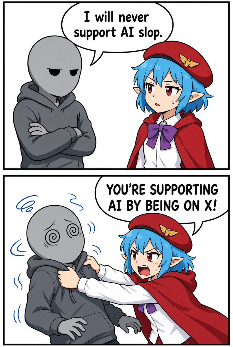 Adventurerscamp's tweet photo. Anti-AI people saying they will "never support AI slop", while also posting on X and uploading art to it. This new meme sums up what we're all thinking and what we even tell them https://t.co/i3zvqrXesH