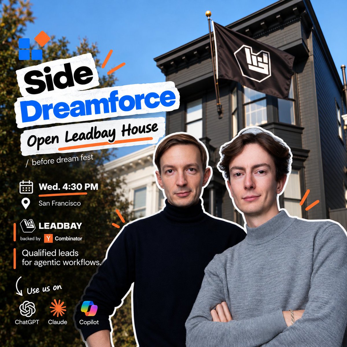 ludogranger's tweet photo. We're opening the doors of the @LeadbayAI house during #dreamforce, 4:30pm, before #dreamfest. Come as you're, casual gathering for #Claude, #ChatGPT and #copilot afficionados. 

Request your spot here https://t.co/SAgRpVCEY0 https://t.co/CsURp3nOr7