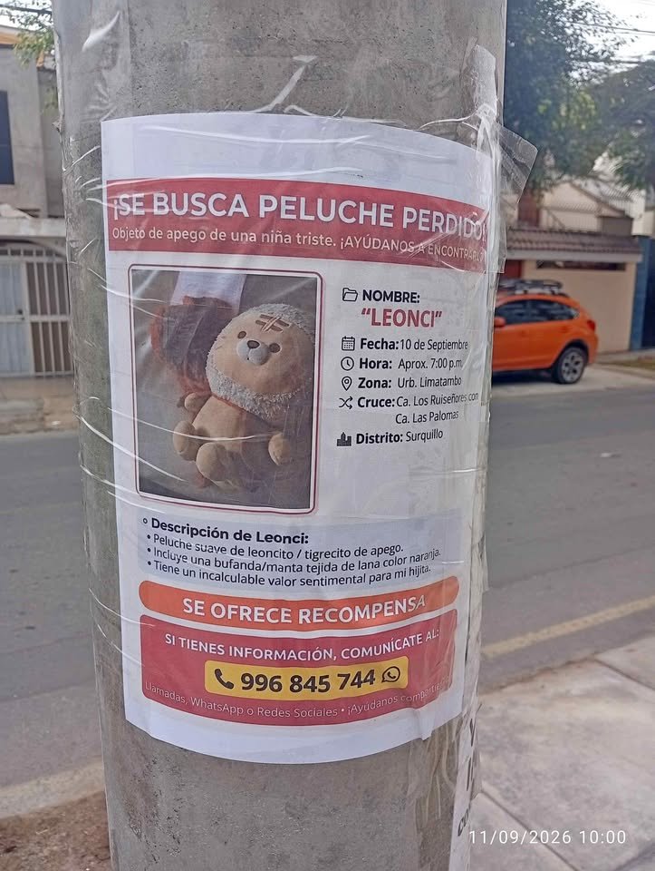 eabusad's tweet photo. "Se busca a Leonci, peluche de apego de mi menor hija. Se nos perdió el jueves 10 de setiembre a las 7pm x la calle las palomas con ruiseñores en la Urb. Limatambo distrito de Surquillo. Tiene un incalculable valor sentimental para mí familia. Ofrecemos recompensa..." https://t.co/FfhQsT3pbs