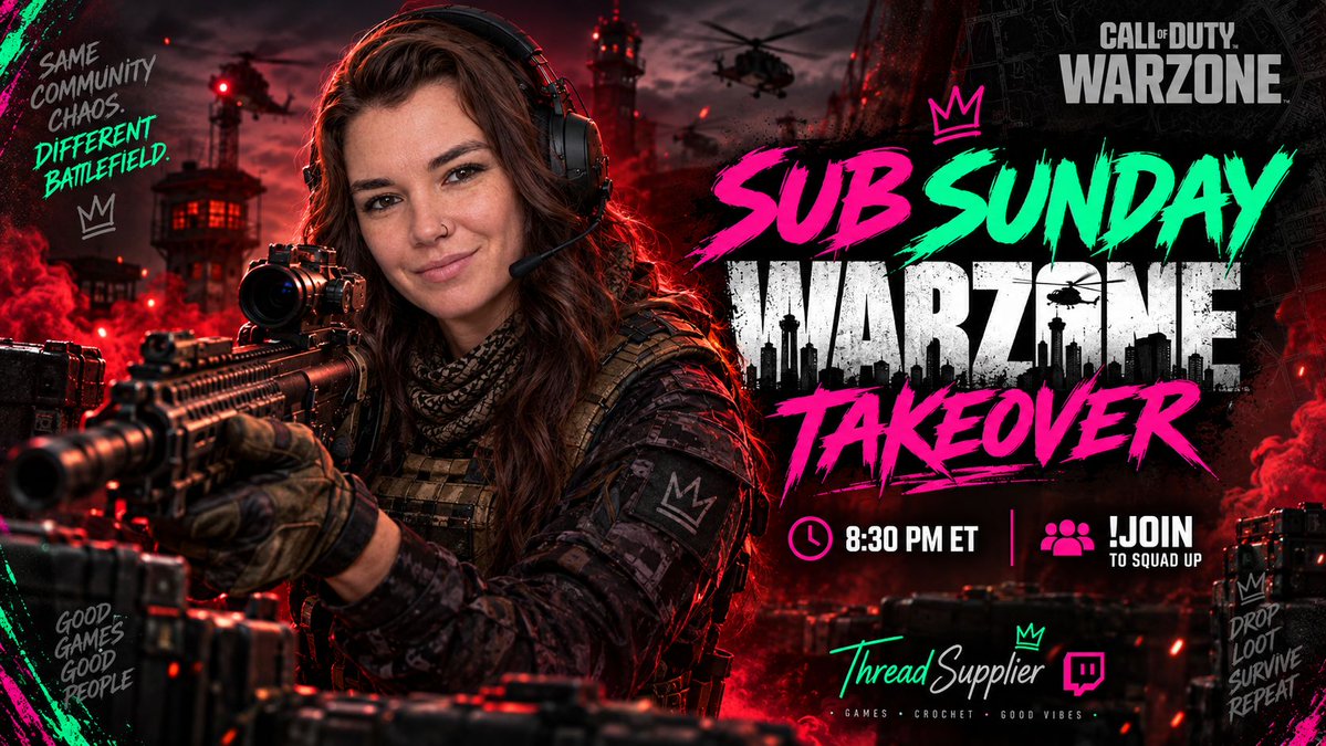 ThreadSupplier_'s tweet photo. 🎮 SUB SUNDAY → WARZONE! 🔫🔥

Fortnite isn’t going anywhere 💚 — we’re just switching up the battlefield tonight!

Skidz &amp; I are dropping into Warzone and the squad is OPEN. 👀

🎮 !join to hop in the queue
⏰ 8:30 PM ET

Same community chaos. Different battlefield. 😈 https://t.co/uwu55owIzj