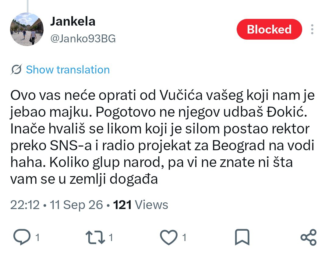 BebaMeda's tweet photo. @mkmgandhi Navijaci Partizana pisu ovakve stvari (slika), a sebe nazivaju opozicijom i avangardom. Podrska za rektora i studente! https://t.co/Lb75ubdNpc