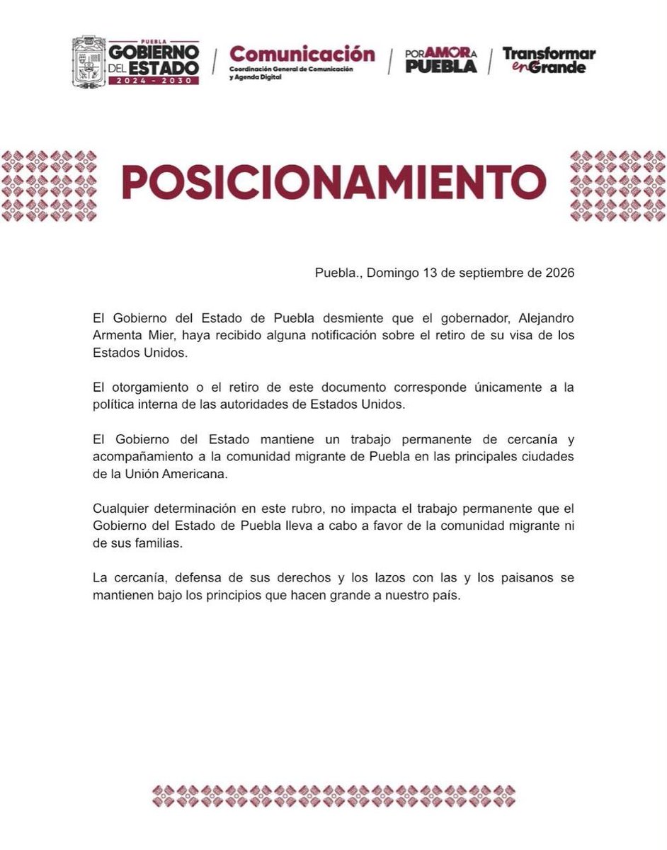 yazcurinoticias's tweet photo. 📌 El Gobierno de Puebla desmintió que el gobernador Alejandro Armenta Mier haya recibido alguna notificación sobre el retiro de su visa de Estados Unidos.
@sucesospuebla
@armentapuebla_ #GobiernoDePuebla #VisaEEUU https://t.co/33ZjPZ8Mxo
