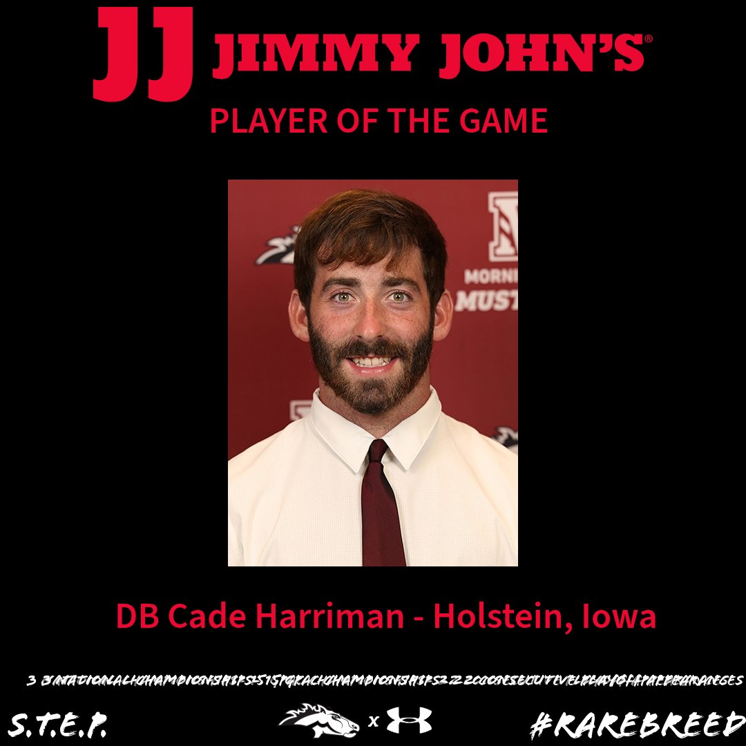 MsideFootball's tweet photo. Congrats to our Week 2 award winners vs Doane. Presented by @jimmyjohns
Player of the Game: Cade Harriman @Cade_Harriman 
Defensive Scout: Gideon Bogue @gbogue21 
Offensive Scout: Kal Boyer @kal_boyer 
Position Group of the Week: D-Line! #RareBreed https://t.co/1z3JFKct4l