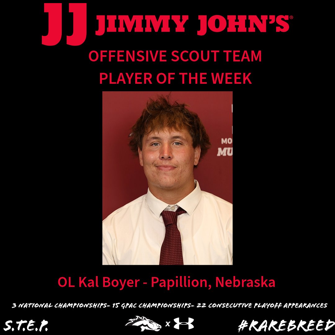 MsideFootball's tweet photo. Congrats to our Week 2 award winners vs Doane. Presented by @jimmyjohns
Player of the Game: Cade Harriman @Cade_Harriman 
Defensive Scout: Gideon Bogue @gbogue21 
Offensive Scout: Kal Boyer @kal_boyer 
Position Group of the Week: D-Line! #RareBreed https://t.co/1z3JFKct4l