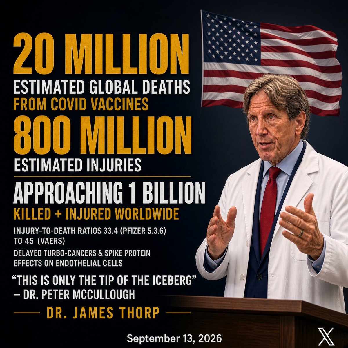 liz_churchill10's tweet photo. The Pharmaceutical Cartel sold the line “safe and effective.” Dr. Thorp and Dr. McCullough now state the following: 20 Million dead, 800 Million injured…one Billion casualties…and say that’s only the tip of the iceberg https://t.co/5S5ybi0JP9