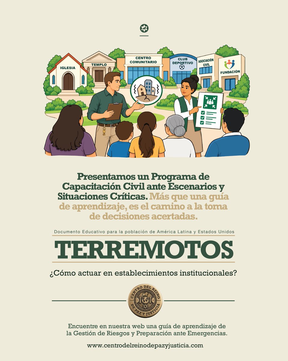 CRPazYJusticia's tweet photo. Prepararnos también es proteger

El Centro del Reino de Paz y Justicia comparte la Guía Institucional de Preparación y Actuación ante Terremotos.

https://t.co/wgC1h6ryxR

Una herramienta para promover prevención, organización y protección de la vida.

#Prevención #Terremotos #PazYJusticia