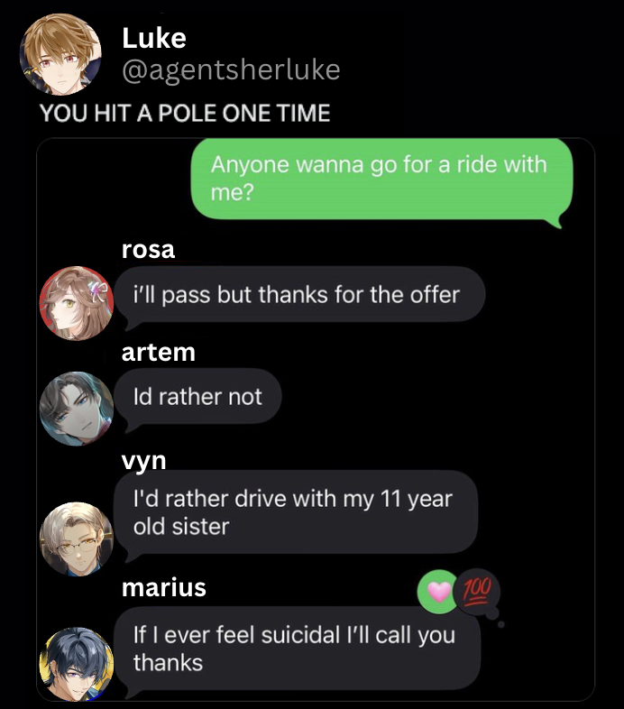 zakatao3's tweet photo. i have a headcanon that luke is a terrible car driver because he drives his motorbike more often. so when he has to drive a car instead, he drives it Like It's A Motorcycle. https://t.co/qk81Seir5E