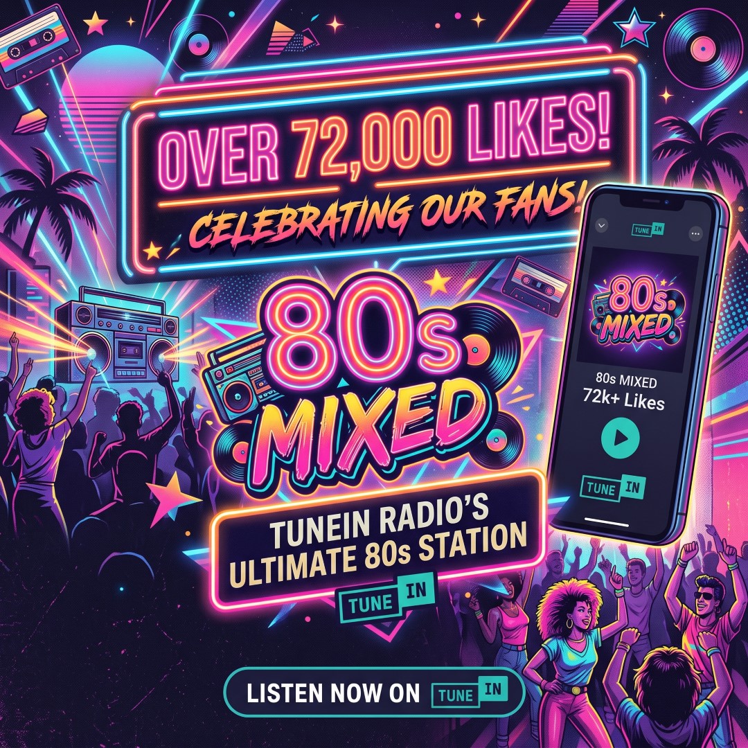 80sMixed's tweet photo. 📣 Hey You Guys!!! We have made it to over 72,000 ♥️'s on TuneIn Radio! WOW, that's INCREDIBLE! Thanks to all who have gotten us here. #80sMixed #72k https://t.co/yHcn4SzEIM