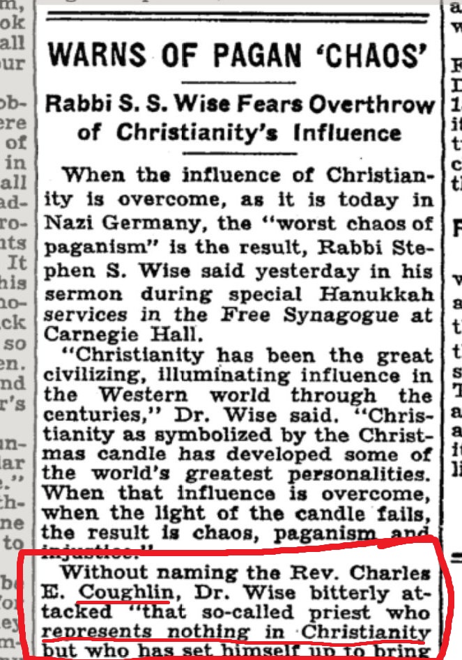 catholic_cg's tweet photo. @JuanasFabricias Yeah, you're going to have to try again. In the same article, Rabbi Wise he calls (anti-Jewish) Father Coughlin a fake Christian which makes Wise's segment about preserving Christian influence nothing more than a control mechanism to weed out genuine opposition. https://t.co/I8egNQ14EV
