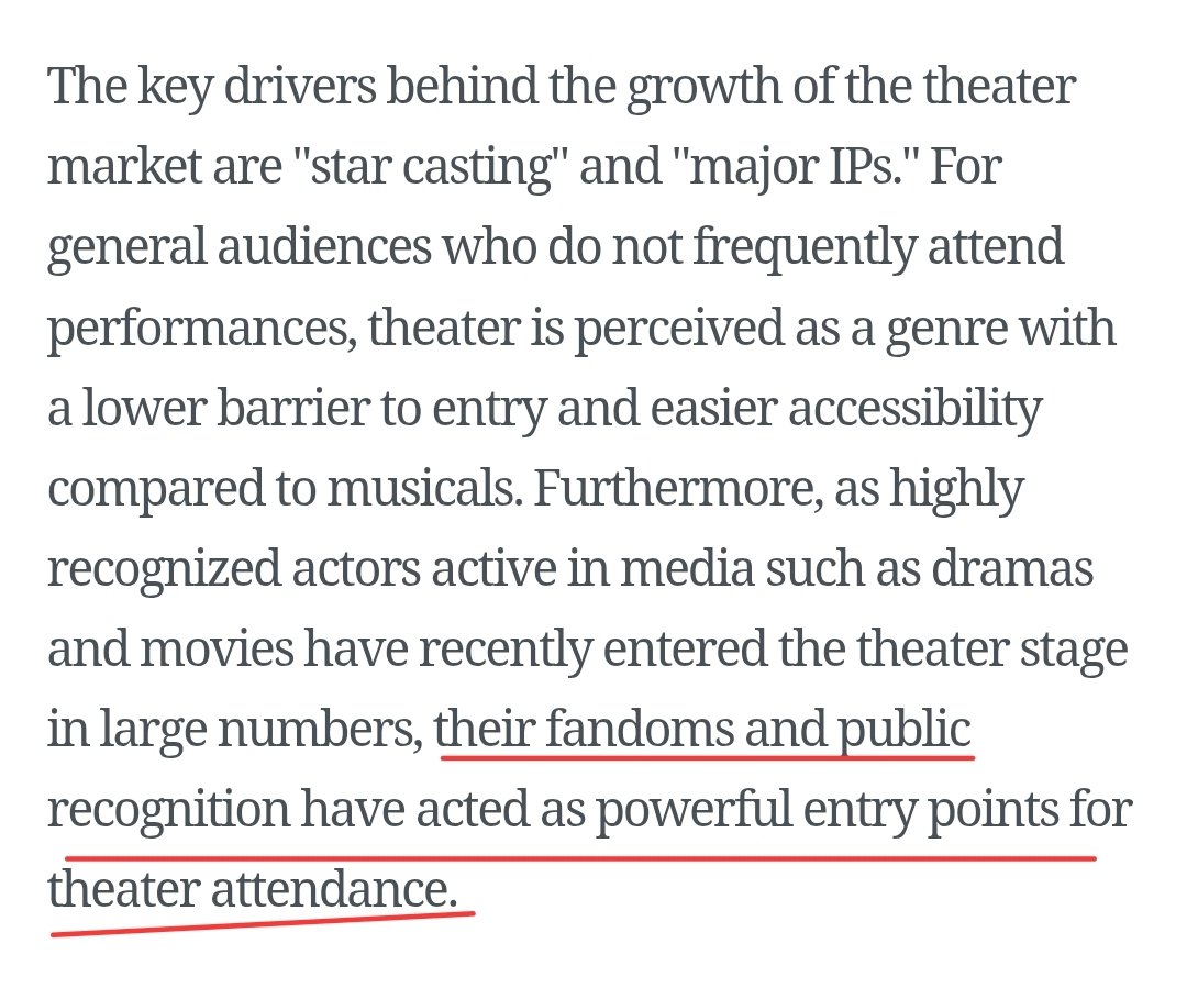 kdragontwt's tweet photo. "Furthermore, as highly recognized actors active in media such as dramas and movies have recently entered the theater stage in large numbers, their fandoms and public recognition have acted as powerful entry points for theater attendance."

https://t.co/lu5XtO05Lu https://t.co/nWOmJI4SEW