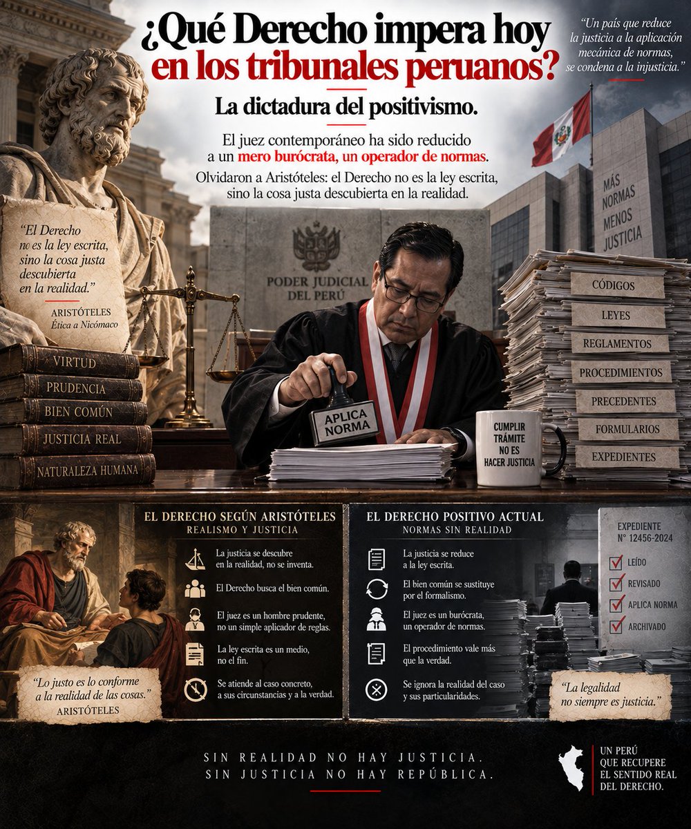 JMTruxillo's tweet photo. 3/10 ➟ ¿Qué Derecho impera hoy en los tribunales peruanos? La dictadura del positivismo. El juez contemporáneo ha sido reducido a un mero burócrata, un operador de normas. Olvidaron a Aristóteles: el Derecho no es la ley escrita, sino la cosa justa descubierta en la realidad. ⚖️ @H_Abanto @MarthaChavezC