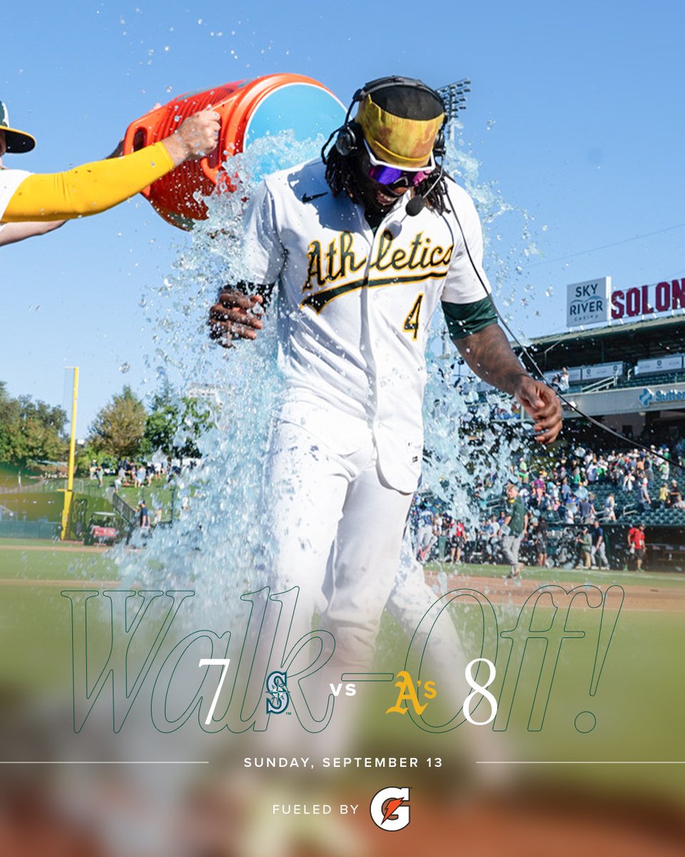 A graphic with the text “Walk-Off Win” and the final score Mariners 7, A’s 8. A picture of Lawrence Butler in the background.
