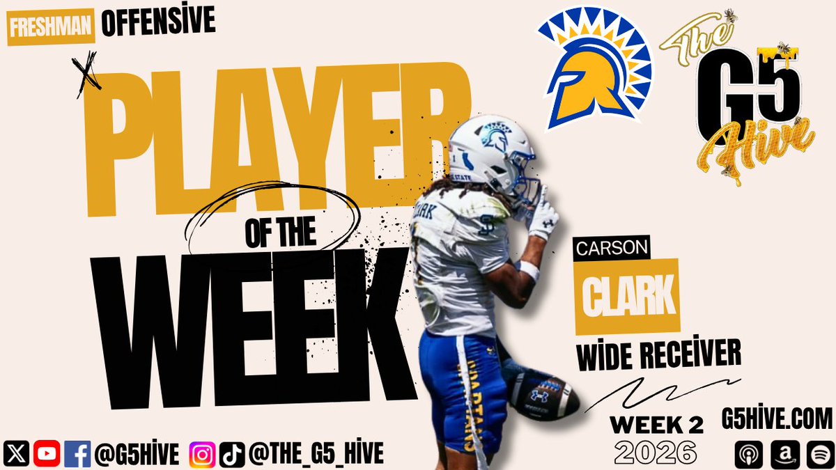 G5Hive's tweet photo. The G5Hive G6 Freshman Offensive Player of the Week!
@SanJoseStateFB Wide Receiver @Carsonclark_11! Carson hauled in 8 balls for 81 yards &amp; 2 touchdowns, including the game-clinching 41-yard score, to lead the Spartans to Victory! Congrats Carson!  #G5Hive #ThisIsSparta https://t.co/2qd2c7am1m