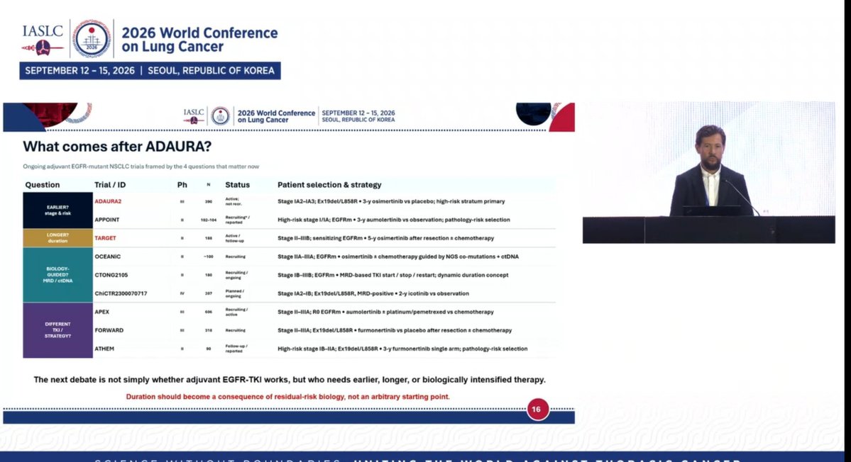 ADAURA WCLC 2026 discussant slide - What comes after ADAURA: table of ongoing adjuvant EGFR-mutant NSCLC trials (ADAURA2, APPOINT, TARGET, OCEANiC, CTONG2105, APEX, FORWARD, ATHEM)