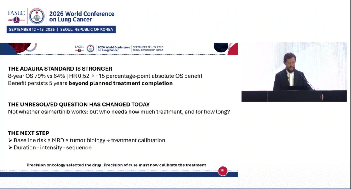 ADAURA WCLC 2026 discussant conclusions - the ADAURA standard is stronger: 8-year OS 79% vs 64%, HR 0.52, +15 percentage-point absolute benefit persisting 5 years beyond treatment completion