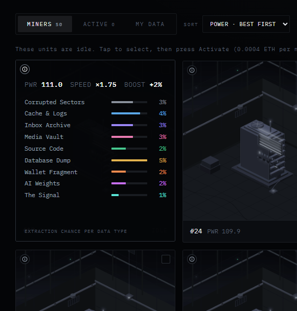 bytemine's tweet photo. Your miners are already rolled.

Every Bytemine unit gets its stats on chain at the moment of mint: mining power, speed, boost and find chances for all nine data classes. No spreadsheets, no later assignment. The chain decided the second you minted.

The art is still encrypted, but the specs are not. Connect your wallet at https://t.co/ylTWGnxPEH, open MY MINERS and tap the info icon on any unit to see exactly what you are holding.

And here is the good part: mining does not wait for the reveal. Once mint is complete we open the season and your units start digging right away. Visuals decrypt soon after.