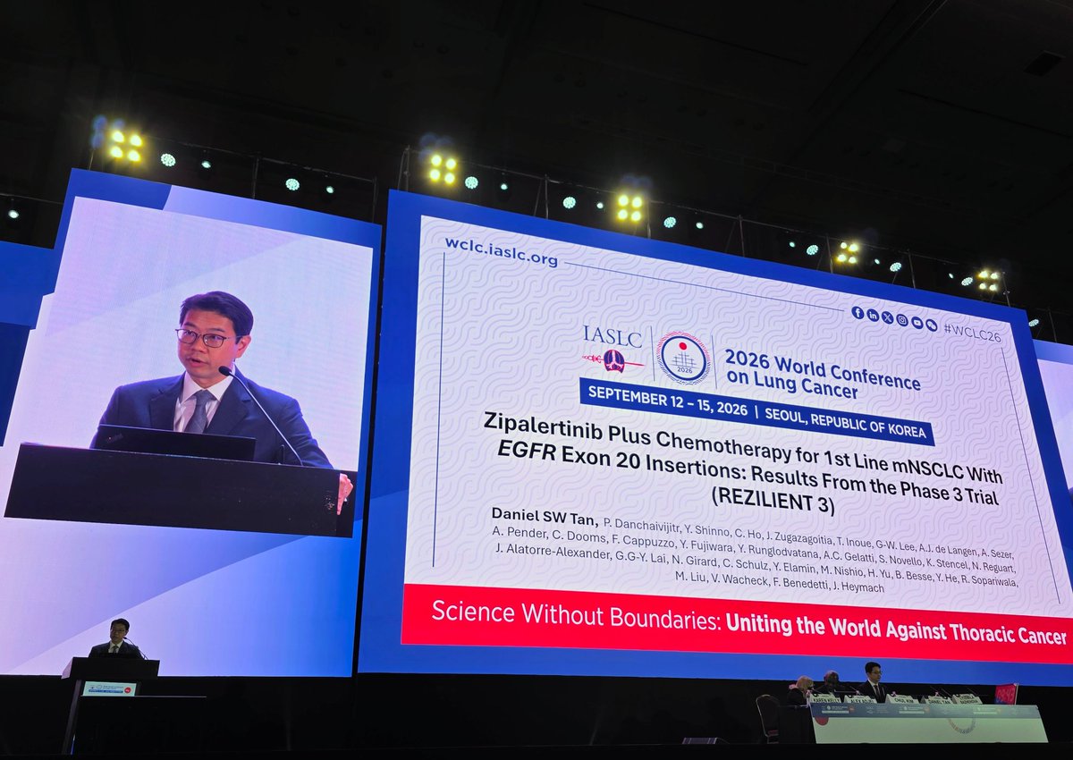 Dr. Daniel Tan presenting REZILIENT3 at the WCLC 2026 plenary - title slide with author list