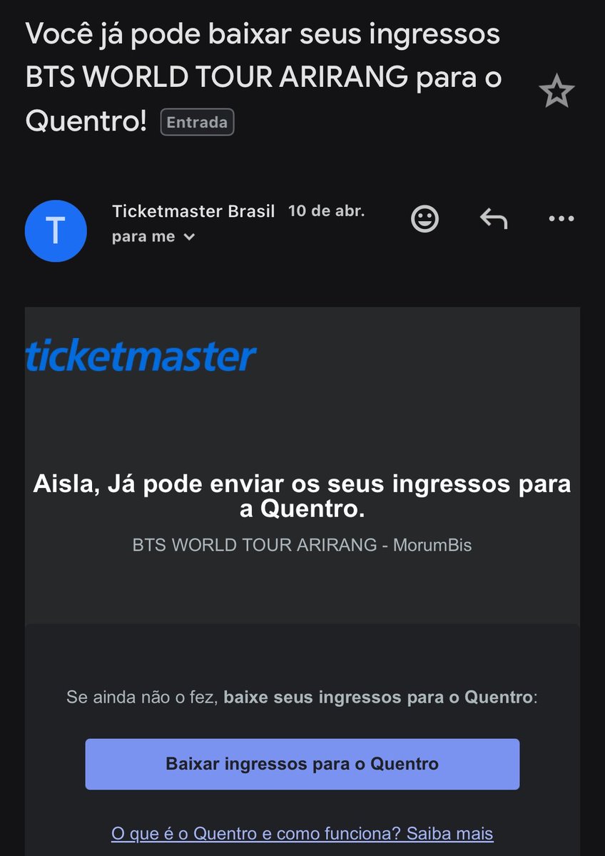 jungilyyy's tweet photo. VENDO 1 INGRESSO BTS 🎟️

BTS – SP | 30/10/2026
Cadeira Superior • Meia
💰 R$ 408 (mesmo valor que eu pag

Original, comprado na Ticketmaster. Ainda não está no Quentro, pois não tinha certeza se iria. Moro longe de SP e as passagens estão caras.

Comprovante disponível na DM! 💜 https://t.co/8mjRpKdeqW