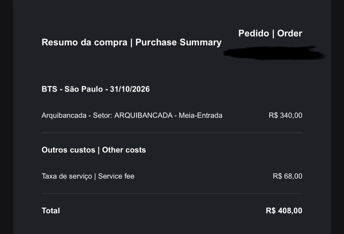 jungilyyy's tweet photo. VENDO 1 INGRESSO BTS 🎟️

BTS – SP | 30/10/2026
Cadeira Superior • Meia
💰 R$ 408 (mesmo valor que eu pag

Original, comprado na Ticketmaster. Ainda não está no Quentro, pois não tinha certeza se iria. Moro longe de SP e as passagens estão caras.

Comprovante disponível na DM! 💜 https://t.co/8mjRpKdeqW