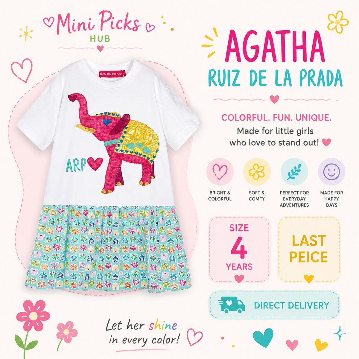 DeberaHunt38162's tweet photo. Sold out. Colorful days begin with colorful outfits. This Agatha Ruiz de la Prada dress features playful details for little girls who love unique looks. Size 4 years. Direct delivery. Last piece available. DM to order. https://t.co/PXatq14jM3