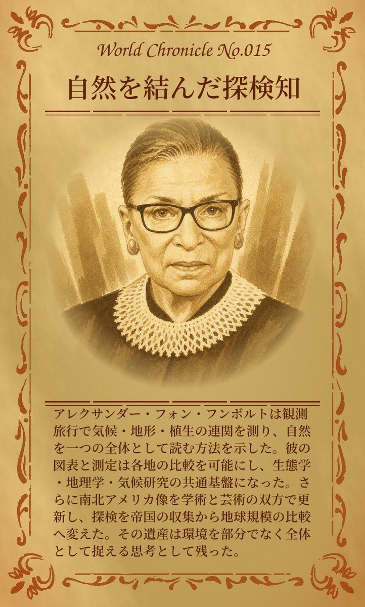 WORLDSTORY73's tweet photo. 洪水対策を川だけで決めるか、森や斜面まで一緒に見るか。アレクサンダー・フォン・フンボルトは、離れた土地を同じ物差しで比べ、気候と暮らしのつながりを読む視点を残した。

1日1枚、世界の見方が増える。
次の1枚は、明朝9時。

#WORLDCHRONICLE #自然をつなぐ知 https://t.co/PmlurRjzoi
