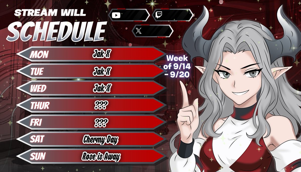 Midnight_Rose90's tweet photo. Schedule for this week!! Tomorrow is going to be earlier then I normally start seeing as I have plans in the afternoon. I added question marks to the schedule seeing as I don't know if I will finish Jak X. https://t.co/uYFuawL0qd