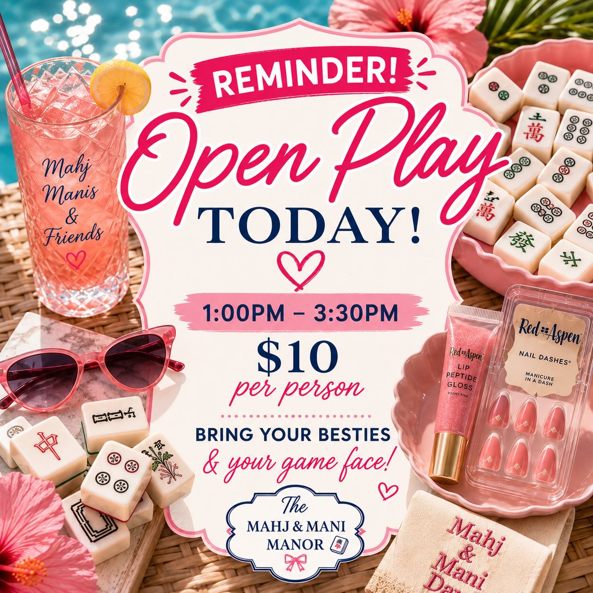 2519Piraut's tweet photo. Reminder: Open Play is today! Join us for Mahj, fun, and friends. 1:00–3:30 PM
$10 per person

Bring your game face and let’s Mahj! The Mahj &amp; Mani Manor
337-450-9598 https://t.co/WR4ftT8D46