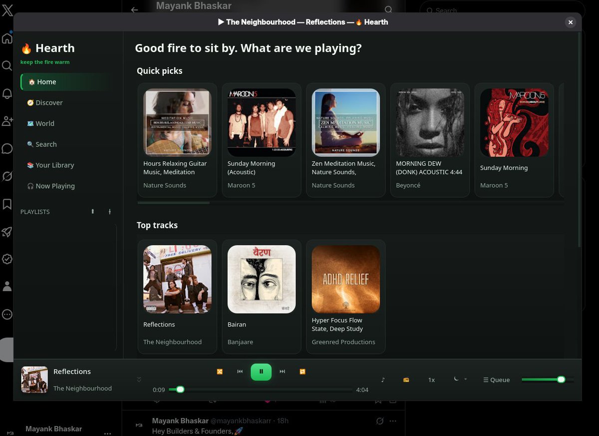 mayankbhaskarr's tweet photo. Got tired of Spotify's ads and algorithm, so I built my own version.

Introducing Hearth 🔥  open source, self-hosted, and yours to customize.

Everything from playlists to a full now-playing bar. Try it out 👇

https://t.co/DoFUoJWEJ6 https://t.co/TLfFVaedV7