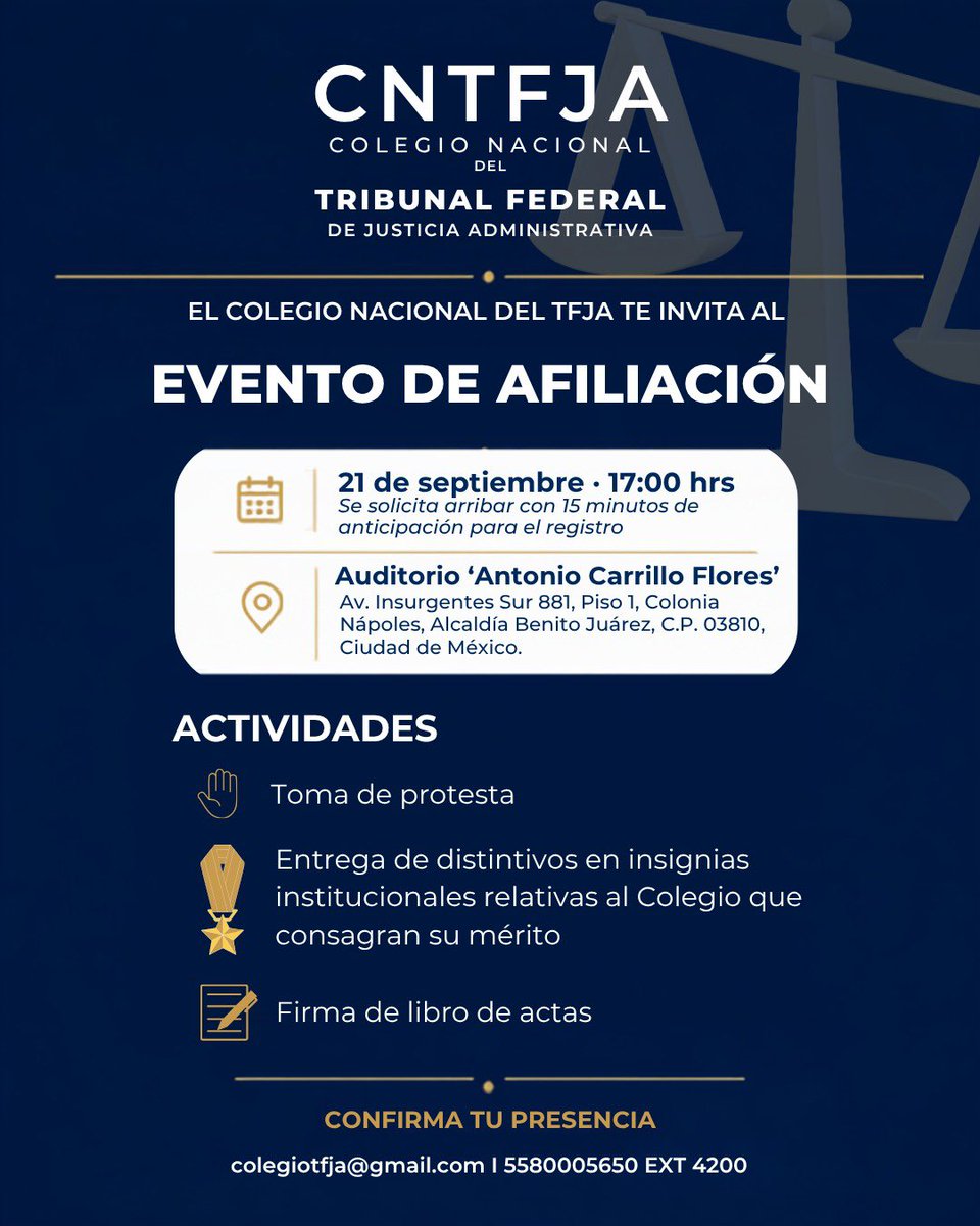 ColegioTFJA's tweet photo. El Colegio Nacional del TFJA les invita a su Evento de Afiliación, que se llevará a cabo el próximo 21 de septiembre, a las 17:00 horas.

Será un gusto contar con su presencia. Favor de confirmar asitencia en: colegiotfja@gmail.com https://t.co/FQu2OQX7jz