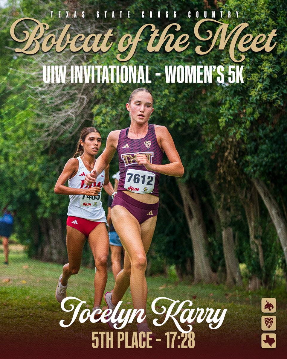 TXStateTrack's tweet photo. Our Bobcats of the Meet 😼

Anthony Sandavol and Jocelyn Karry both secured fifth-place finishes at the UIW Invitational, with Sandoval clocking 25:33 in the men’s 8K and Karry running 17:28 in the women’s 5K.

#EatEmUp | #IMPACTFUL https://t.co/gRk8iZl6Ty