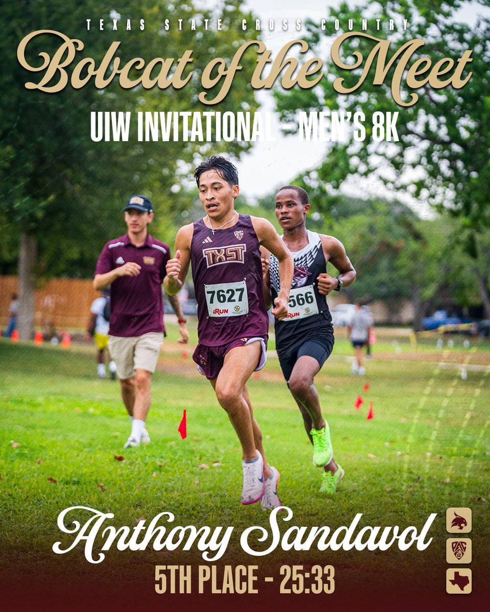 TXStateTrack's tweet photo. Our Bobcats of the Meet 😼

Anthony Sandavol and Jocelyn Karry both secured fifth-place finishes at the UIW Invitational, with Sandoval clocking 25:33 in the men’s 8K and Karry running 17:28 in the women’s 5K.

#EatEmUp | #IMPACTFUL https://t.co/gRk8iZl6Ty