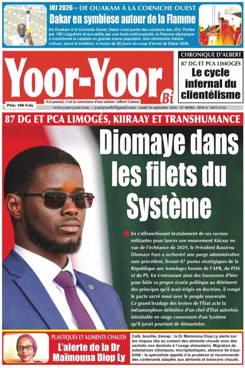Yoor_Yoor_Bi's tweet photo. La Une de Yoor-Yoor Bi de ce lundi 14 Septembre 2026
À vos kiosques et bonne lecture!
#Bu_Baax_Bi  #Yoor_Yoor_Bi https://t.co/tdJy2F1qOH
