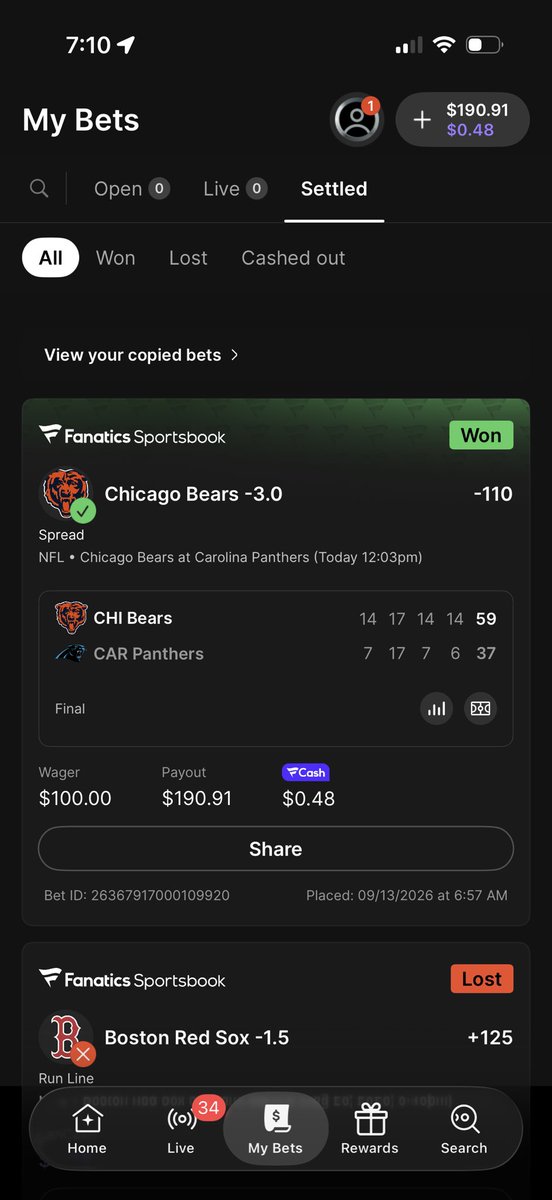 MarcoGlo_'s tweet photo. Bet them on DK when they were down with a Boost wish I put even more but great day in the office #DaBears #SportsBets #Winning #NFL #GameOpener https://t.co/tcfJjUGOUs
