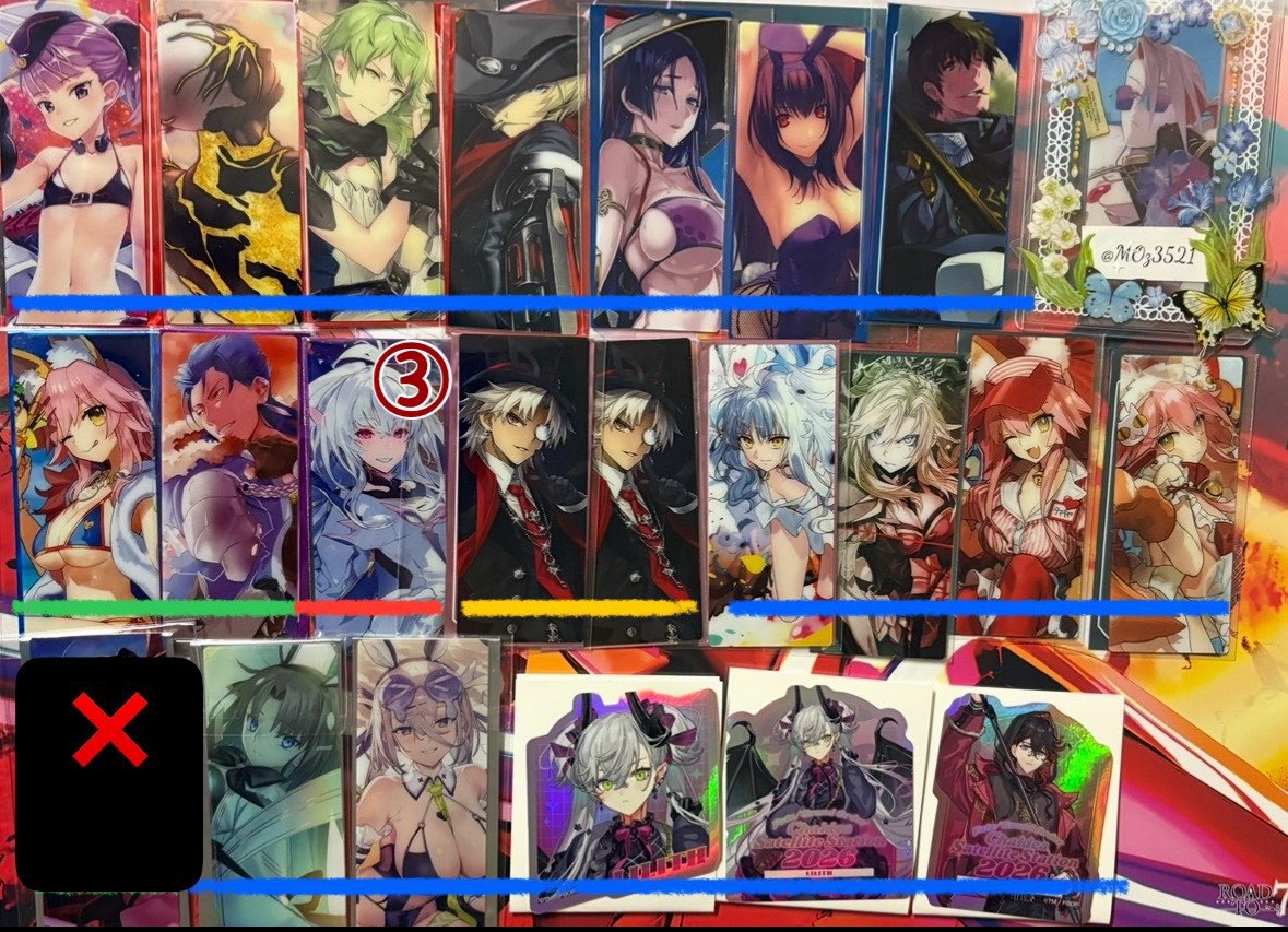 MOz3521's tweet photo. 【交換/譲渡】 Fate FGO 最終再臨展 霊基召喚缶バッジ 編成画面風カード ホログラムステッカー

譲)画像1〜7枚目参照

求)
・定価+送料
・巌窟王(vol.3,CBC2025)
・アルジュナ(fes2025)
・固定探し物

一部交換優先のため譲渡条件あります。詳細は画像8枚目ご確認ください。よろしくお願いします。 https://t.co/HF8rYg6nul