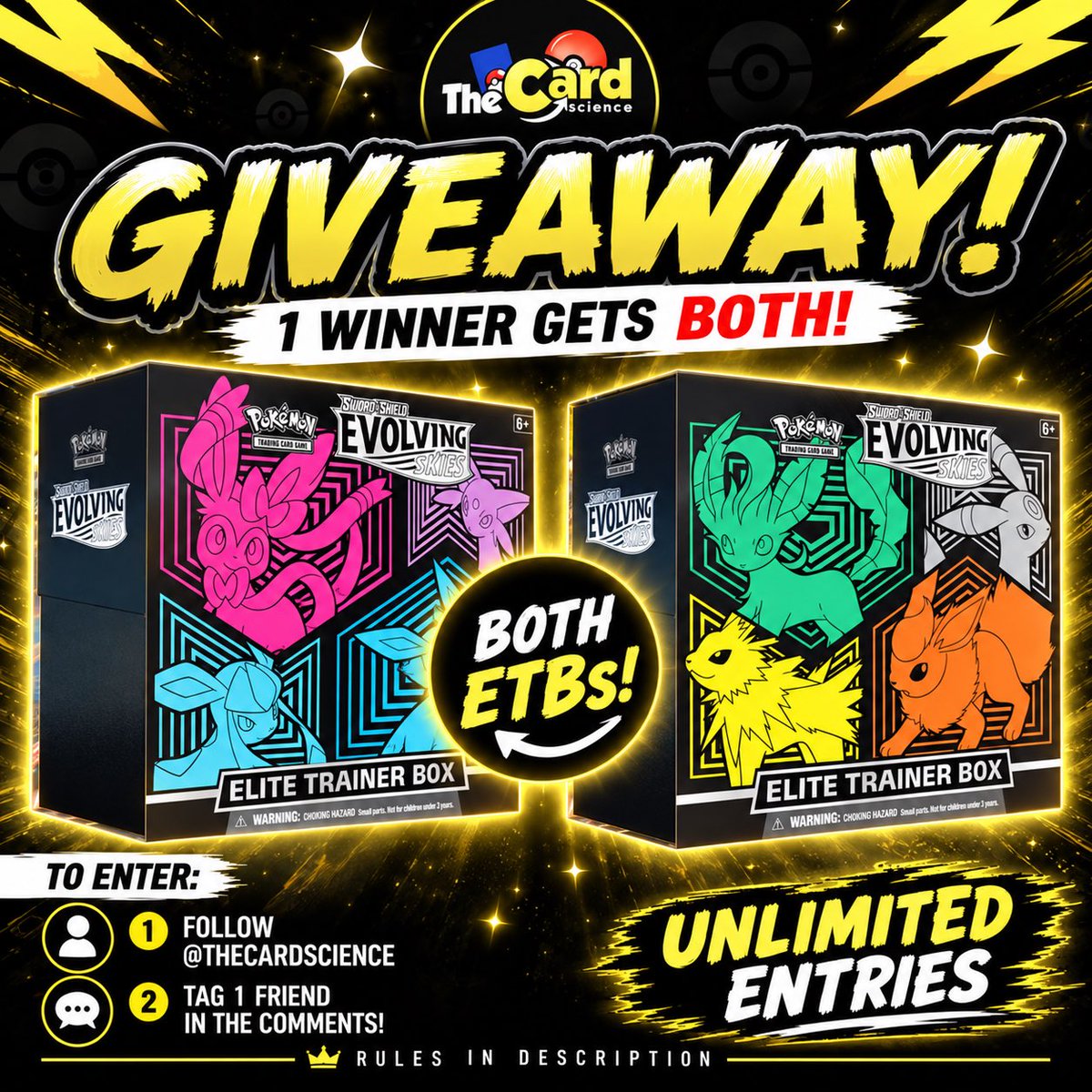 TheCardScience's tweet photo. Massive Giveaway Up on Instagram just went up for hitting 60k followers! Entries across platforms will be counted! 

1 x Evolving Skies Elite Trainer Box [Set of 2] 🐉 

Rules 👇🏼 
1.  Follow @thecardscience
2.  Like This Post
3.  Tag 1 friend (unlimited entries)

❤️‍🔥 Share on your story for bonus entries!

🚨 Deadline: We’ll pick the winner on October 1st via a certified giveaway picker!

 https://t.co/6kisId8e6N