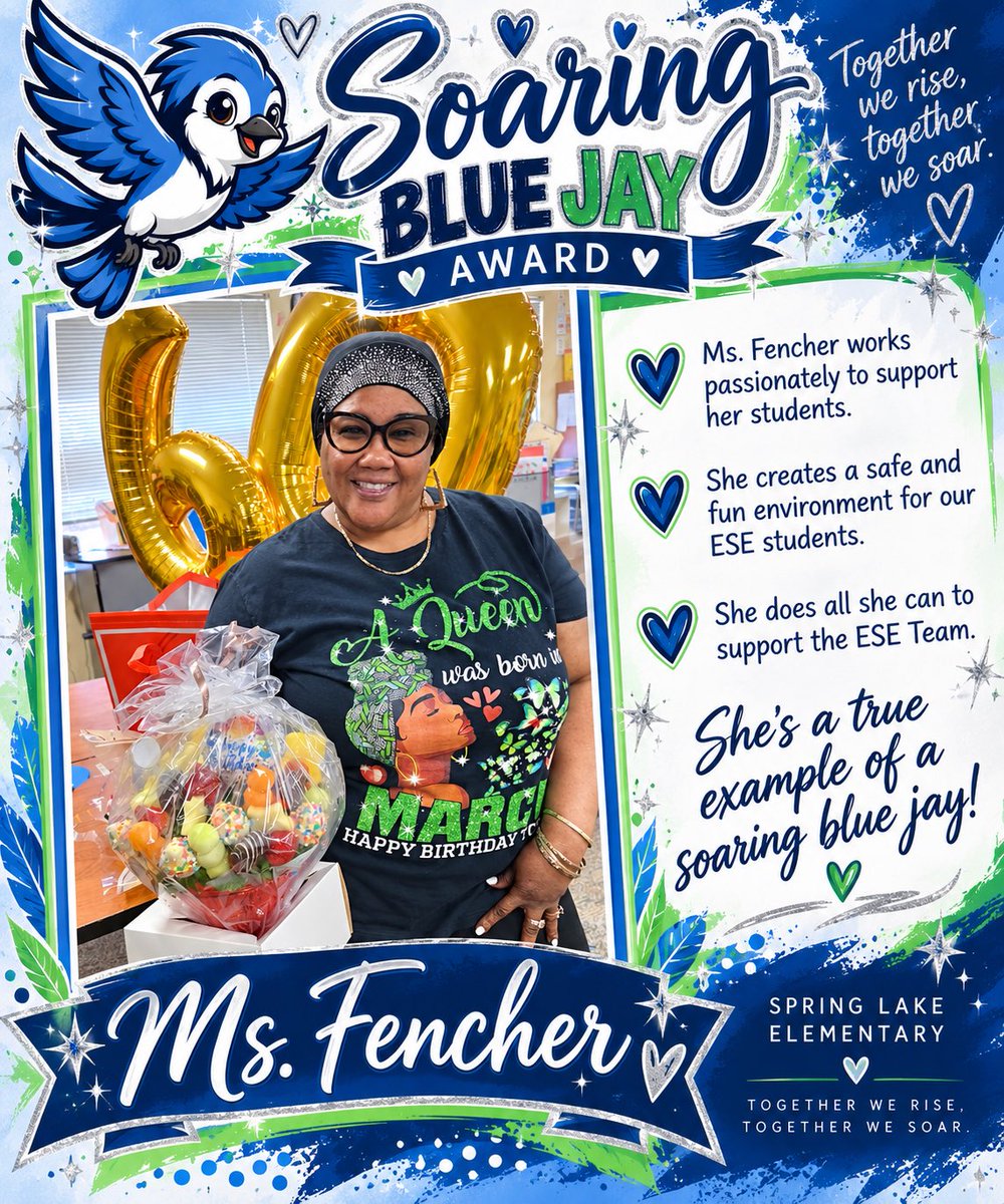 SpringLake_OCPS's tweet photo. Congratulations for our Soaring Blue Jay of the week! Ms. Fencher! 
We appreciate you! 💙🤍 https://t.co/1Ox3bh4uc2