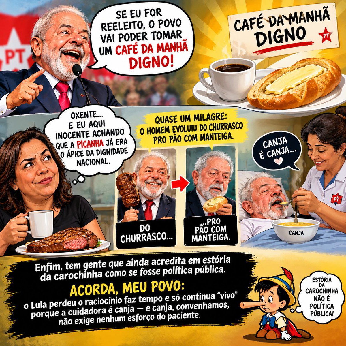 Akeleabrassu's tweet photo. 🐙Lula prometeu no comício que, se reeleito, o pobre vai poder tomar um ☕️café da manhã digno. Oxente… e eu aqui inocente achando que a 🥩picanha já era o ápice da dignidade nacional. Quase um milagre: o homem evoluiu do churrasco pro 🥖pão com manteiga🧈.

Enfim, tem gente que ainda acredita em estória da carochinha como se fosse política pública. Acorda, meu povo: o 🐙Lula perdeu o raciocínio faz tempo e só continua “vivo” porque a cuidadora é 🐔canja — e 🐔canja, convenhamos, não exige nenhum esforço do paciente.

#STFOrganizaçãoCriminosa. Damares. #ForaMoraes.  Jordy. Michelle. O Fachin. Advogado. Crivella. Amim. Tarcísio. Macapá.  Rouanet. Hamas.  Zanin. Lula. Fora Alcolombre.