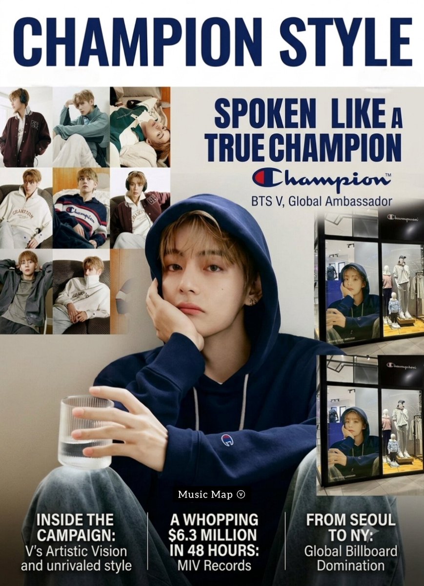 musicmapv's tweet photo. “V has partnered with Champion and achieved a record-breaking media influence value. He is further expanding his influence through this collaboration with Champion.”

A whopping $6.3 million in 48 hours... BTS V sets record for ‘media influence value’ with U.S. Champion collaboration
V recorded a Media Influence Value (MIV) of $6.3 million immediately after announcing his collaboration with the sports lifestyle brand Champion.

Fashion publication ‘No Manners Magazine’ reported, citing data analytics firm Launchmetrics, that this figure, generated over a 48-hour period from the 10th to the 12th of last month, was the highest relative to the period among MIVs announced in 2026.

Launchmetrics analyzed that Champion’s overall brand performance increased 37-fold on the day the collaboration was announced. On the 10th of last month, when V was appointed as a global ambassador, Target’s Champion online site crashed due to increased traffic, and the products V wore in the campaign sold out not only on the official site but also in all stores worldwide.

The Champion campaign is being broadcast at landmarks in cities around the world, including Seoul, New York, London, Tokyo, and Shanghai, and stores in each country are decorated with posters of V. 

Authentic Brands Group explained the reason for selecting V, stating, “This partnership is part of a strategy to further strengthen Champion’s global brand positioning. With his unrivaled style, artistic vision, and global influence, V is the person who best embodies the values defined by ‘True Champion’.”

‘No Manners’ analyzed that with the recent easing of contract terms, the same individual can represent multiple brands in the Fashion, Beauty, and Lifestyle (FBL) sector. It added, “V is no stranger to celebrity-brand collaborations and advertising activities in the FBL field. He is further expanding his influence through this collaboration with Champion.”

🔗https://t.co/nRIQA6PLfW