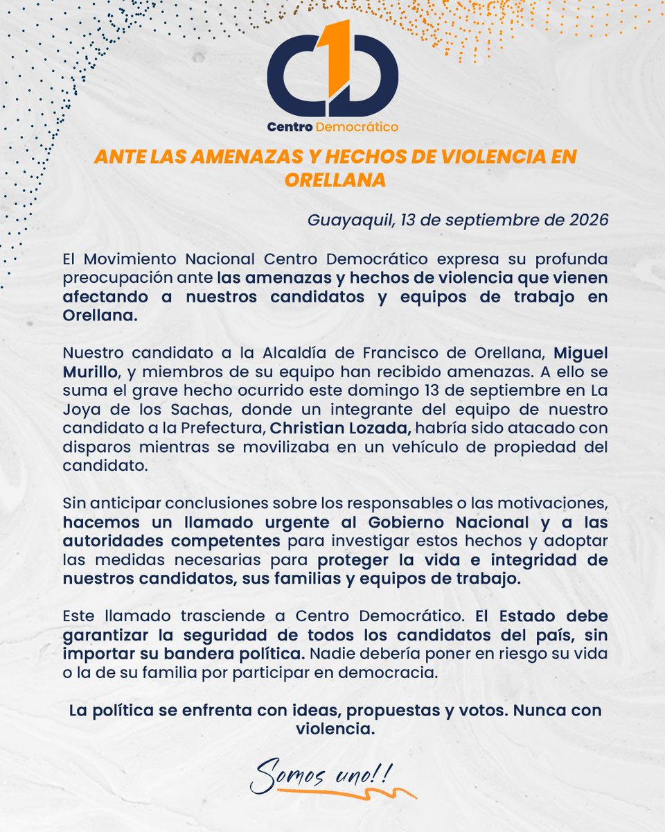 somos1ec's tweet photo. 🟠 Comunicado:
Las amenazas y la violencia no pueden ser parte de la política. Exigimos garantías para nuestros candidatos, equipos y familias. Este llamado va más allá de una bandera: todos tienen derecho a participar en democracia sin miedo. #UnaPolíticaDiferente https://t.co/yIJyVzCtwD
