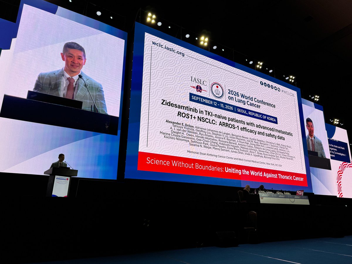 ARROS-1 WCLC 2026 title slide - Dr. Alexander Drilon presenting zidesamtinib TKI-naive efficacy and safety data at the presidential symposium