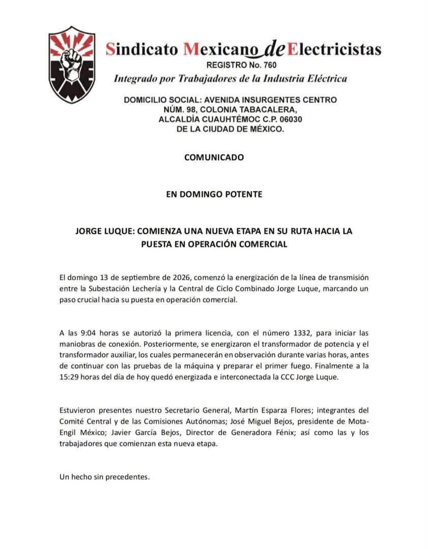 sindicato_sme's tweet photo. COMUNICADO
JORGE LUQUE: COMIENZA UNA NUEVA ETAPA EN SU RUTA HACIA LA PUESTA EN OPERACIÓN COMERCIAL

Este domingo, comenzó la energización de la línea de transmisión entre la Subestación Lechería y la Central de Ciclo Combinado Jorge Luque
Click aquí https://t.co/ITmZIUGfqK https://t.co/gnAAXP0A6V