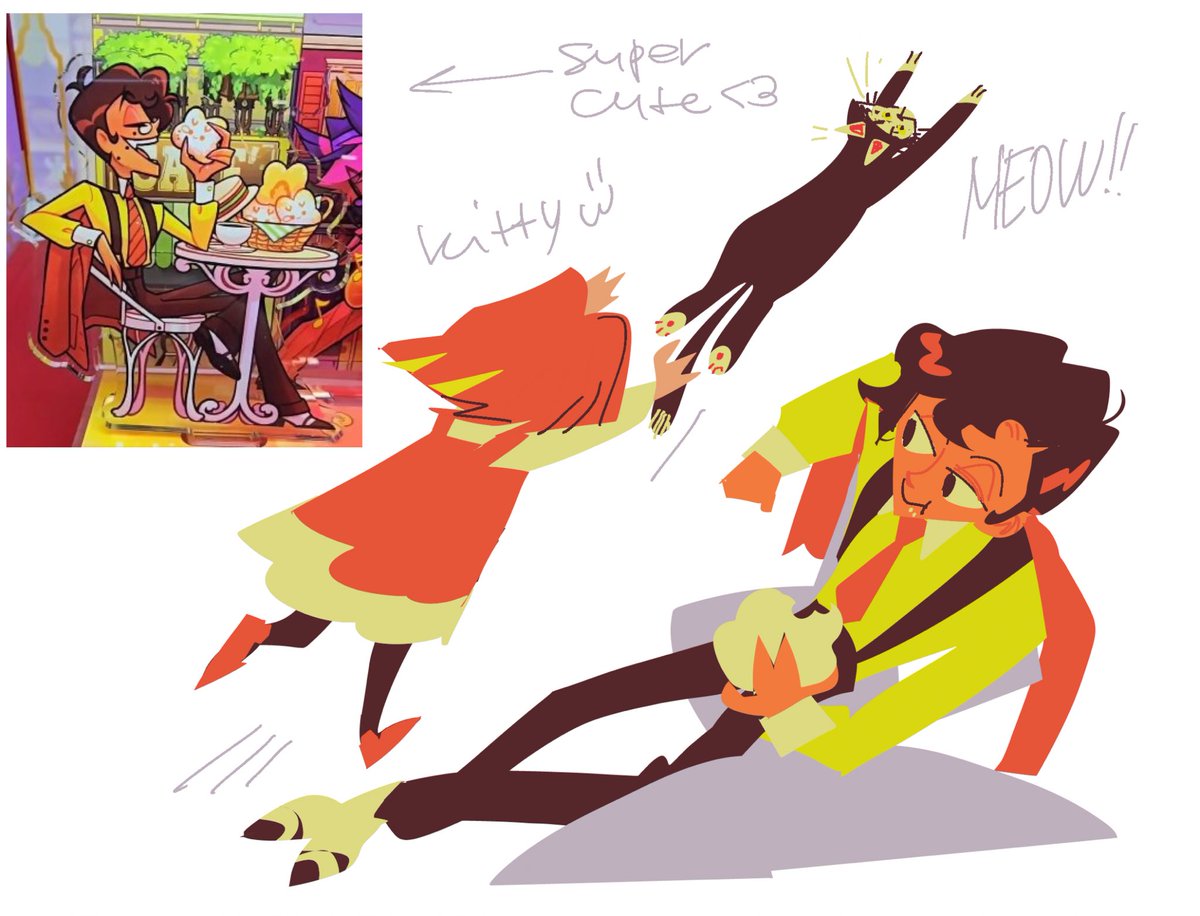 thethang1982's tweet photo. Tried playing more with shapes -> since Alasor is so lanky it’s super fun to pose him differently 🥸
#art #hazbinhotel #alastor #radiotrio kinda! #rosie 

The artist for the Alasor standee is @indentitypollution on instagram https://t.co/4vuQVr76CT