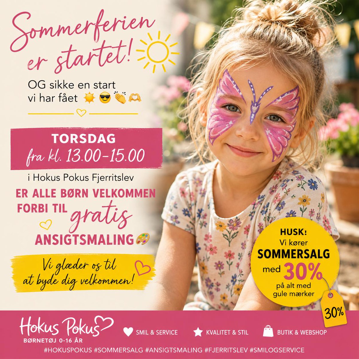 JackGordon52306's tweet photo. Sommerferien er skudt i gang! Torsdag kl. 13-15 inviterer Hokus Pokus Fjerritslev til gratis ansigtsmaling for børn. Nyd farver, smil og sommersalg med 30 % rabat på alt med gule mærker. https://t.co/M80TmqJAjo