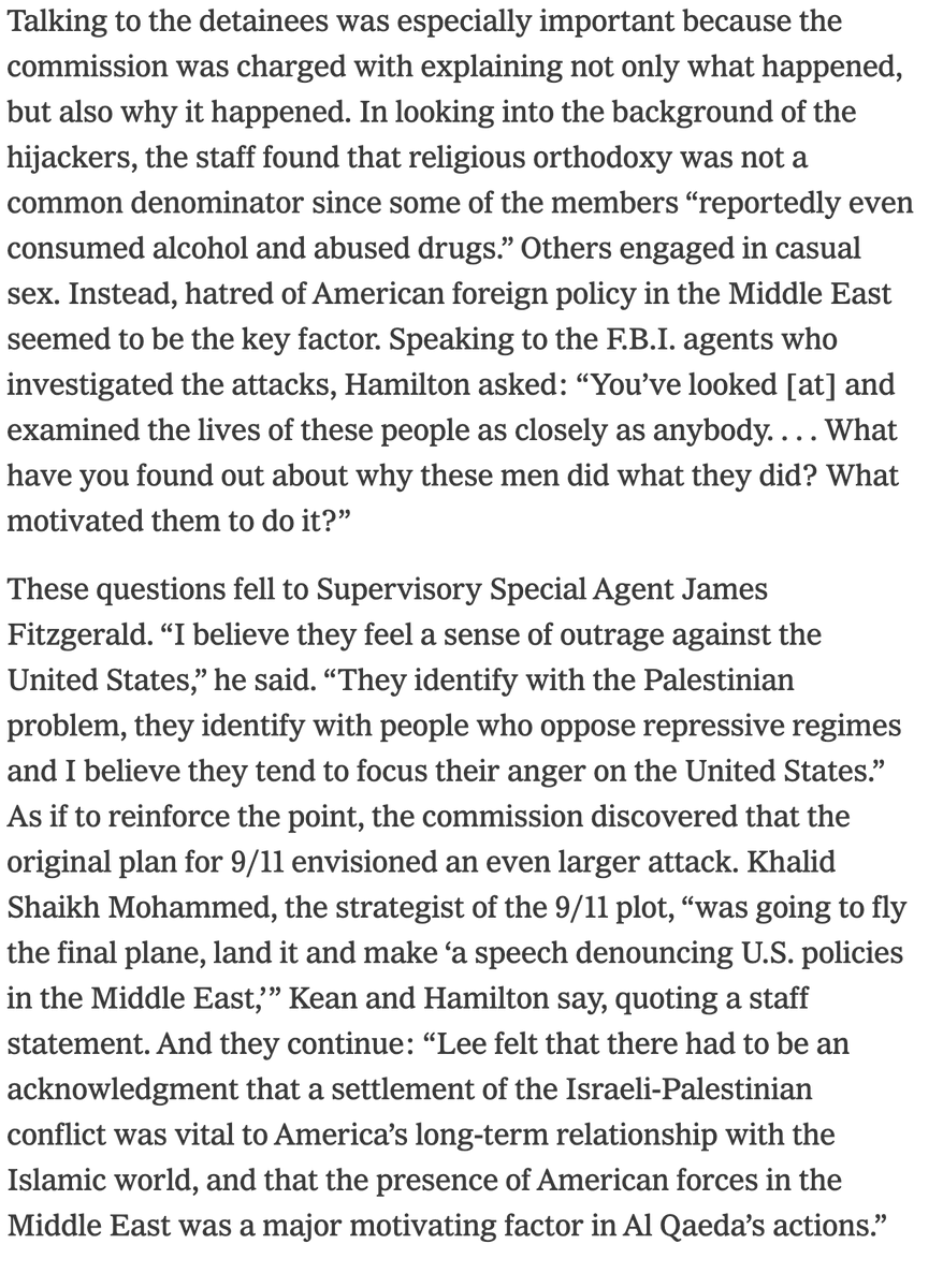 mehdirhasan's tweet photo. Nope. Listen to what the FBI agents who investigated the 9/11 attackers told the 9/11 Commission:

“I believe they feel a sense of outrage against the United States. They identify with the Palestinian problem, they identify with people who oppose repressive regimes and I believe they tend to focus their anger on the United States.”
https://t.co/akS7WSxoum