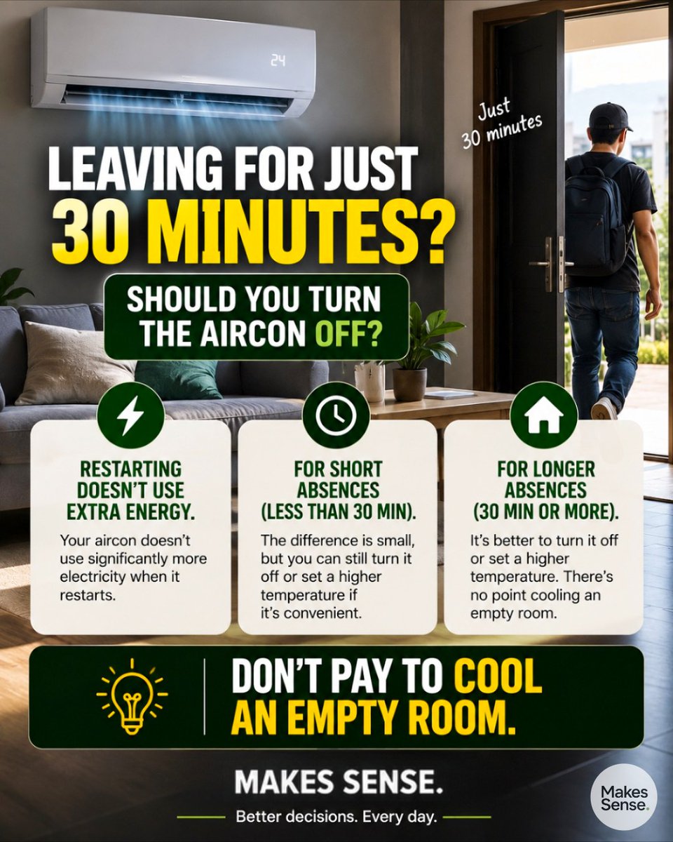 CasiPendeja's tweet photo. Leaving home for 30 minutes? Don’t pay to cool an empty room. Restarting your aircon won’t automatically erase the savings. For longer absences, turn it off or raise the temperature to reduce energy use. https://t.co/JL7OYBp6mx