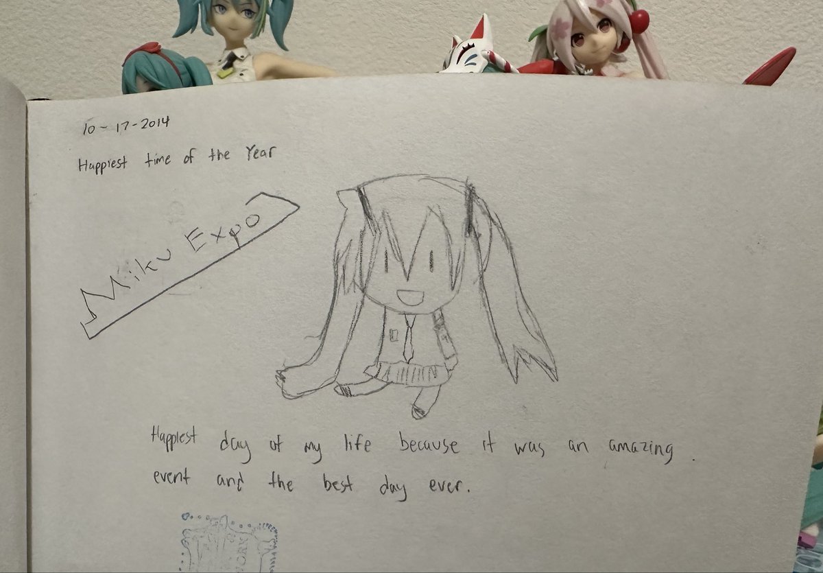 ilyeucli's tweet photo. I was cleaning my room and found my old art book from 2014!! 😭 I was in art class and the question of the day was “What was your happiest time of the year?” so I immediately answered with Miku Expo 😭 Seeing this memory made me so happy 😭😭 https://t.co/CLRRhOvS5d