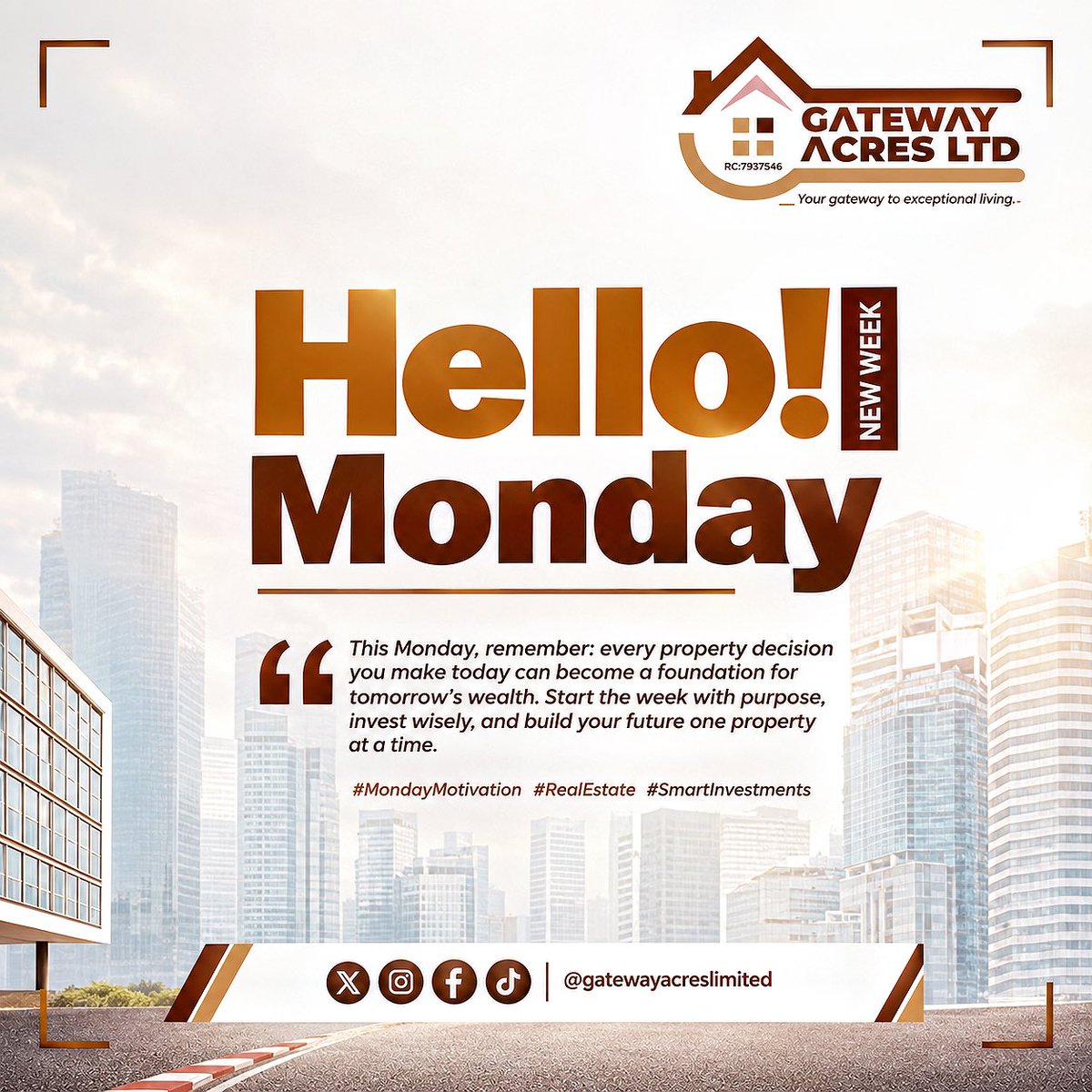 GatewayAcresltd's tweet photo. Happy New Week! 

A new week brings new opportunities to make smart moves and build lasting wealth.

Invest with Gateway Acres Limited. 

#GatewayAcresLimited #RealEstate #LandInvestment #SmartInvestments #NewWeek https://t.co/QDkSo6DxDu